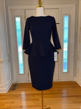 Calvin Klein Navy Long-Sleeve Peplum Sheath Dress